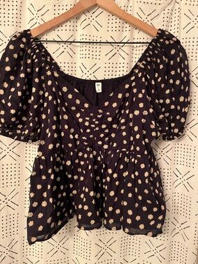 bp Black Floral Puff-Sleeve Peplum Blouse